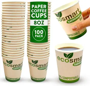 100-Pack 8oz Biodegradable Paper Coffee Cups - Compostable Disposable Cups for Coffee, Tea, Hot Chocolate, Ideal for Office & Café