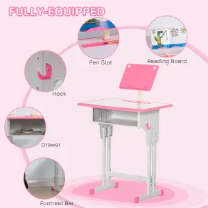 HOMCOM Kids Desk and Chair Set w/ Drawer, Book Stand, Pen Slot, Pink