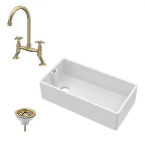 Fireclay Kitchen Bundle - Single Bowl Belfast Sink, Strainer Waste & Bridge Crosshead Mixer Tap, 895mm - Brushed Brass - Balterley