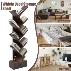 Costway 10 Tiers Tree Shaped Bookshelf Display Bookcase Storage Rack Shelves with Drawer