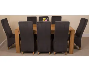 Kuba 180 x 90 cm Chunky Oak Dining Table and 8 Chairs Dining Set with Lola Black Fabric Chairs