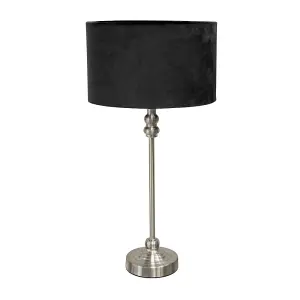 ValueLights Maggie Brushed Chrome Candlestick Slim Table Lamp with Black Velvet Drum Lamp Shade and LED Bulb