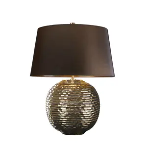 Table Lamp Textured Gold Glaze Brown Faux Silk Shade Finial Gold LED E27 60W