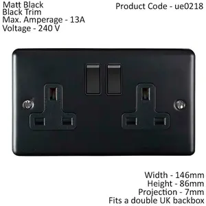 2 Gang Double UK Plug Socket MATT BLACK 13A Switched Mains Wall Power Outlet