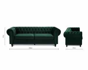 Chesterfield Velvet Pleat Fabric 3 Seater Sofa, Green