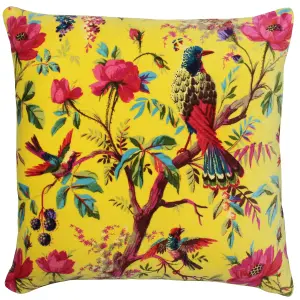 Paoletti Paradise Bird and Flower Printed Velvet Polyester Filled Cushion