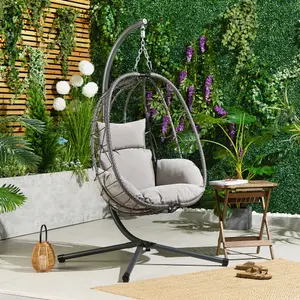 VonHaus Hanging Egg Chair, Grey Rattan Garden Swing Chair with Stand, Foldable Hanging Chair w/ Padded Cushions, Outdoor & Indoor