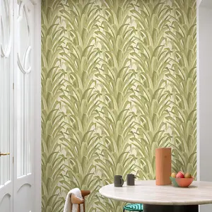 Grandeco Boutique Olivine Grass Leaves Embossed  Wallpaper, Green