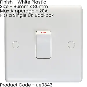 1 Gang Single 20A DP Switch - WHITE PLASTIC Wall Plate Outlet Kitchen Appliance