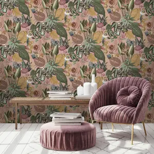 Holden Wonderland Jungle Floral Birds Exotic Blush Sage Green Smooth Wallpaper