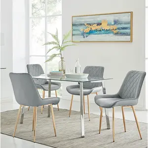 Cosmic Luxury Glass and Chrome Dining Table Set with 4 Luxury Velvet Dining Chairs Grey/Gold