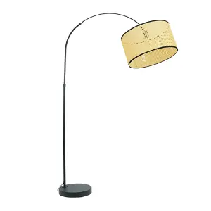 ValueLights Louis Black Arched Curved Floor Lamp with Natural Cane Drum Lamp Shade and LED Bulb