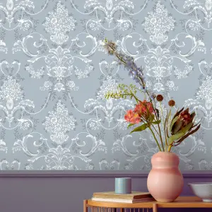 Amelie Damask Floral Blue & White Wallpaper 260246