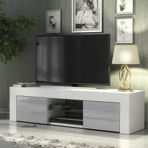 TV Unit 130cm Modern White with High Gloss Grey Doors - Creative Furniture