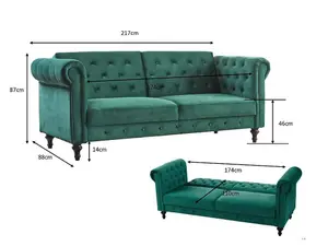 Calgary Velvet Sofa Bed Chesterfield Style 3 Seater Sofa Button Design, Dark Green