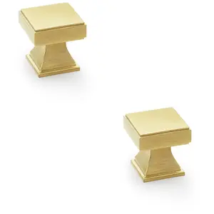 2 PACK - Chunky Square Cupboard Door Knob - 30mm - Satin Brass Kitchen Unit Pull Handle