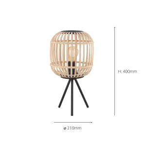 EGLO Bordesley Natural Bamboo Tripod Table Lamp (IP20) - Retro Style (D) 21cm