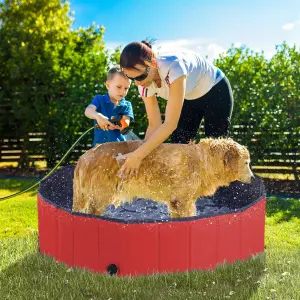 PawHut Pet Paddling Pool Cat Dog Indoor/ Outdoor Foldable 120cm Diameter Red