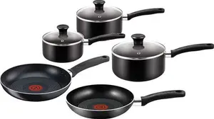 Tefal, Essential, 5-Piece Cookware Pan Set, Stackable Set Of Pans, 3 Saucepans With Glass Lids & 2 Frying Pans, Non - Stick, Aluminium, All Hobs