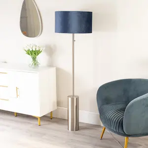 ValueLights Lexy Brushed Chrome Rotary Dimmer Switch Floor Lamp with Navy Blue Velvet Shade