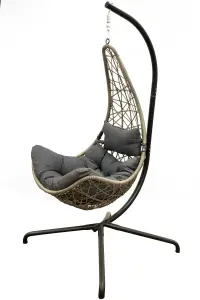 Grey Round Weave Hanging Chair - Grey Cushion