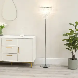 ValueLights Kelsks Chrome Floor Lamp with a Clear Acrylic Jewel Droplet Lampshade - LED Bulb Included