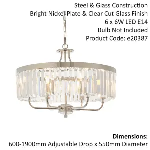 Bright Nickel Ceiling Chandelier Light - Clear Cut Glass 6 Bulb Pendant Fitting