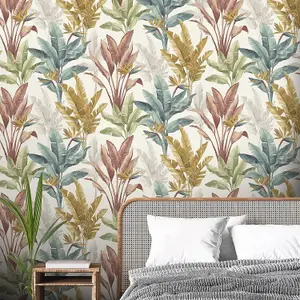 Rasch Akari Madagascar Leaf Wallpaper Tropical Banana Palm Tree Leaves Flowers Multi Colour 282879