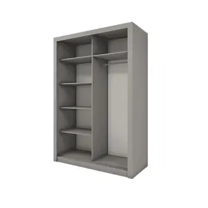 Modern Sliding Door Wardrobe with Mirror & Organiser Shelves in Grey (H2150mm x W1500mm x D600mm)