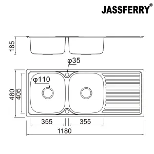 JASSFERRY Large Kitchen Sink Stainless Steel Matt Inset Double Bowl Reversible Drainer