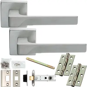 Door Handle & Latch Pack - Satin Chrome - Smooth Scalloped Bar Lever On Square Rose