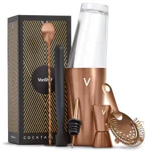 VonShef Cocktail Shaker Set Brushed Copper, 550ml Boston Shaker 6pc Home Bar, Bartender Set - Strainer, Muddler, Jigger & Gift Box