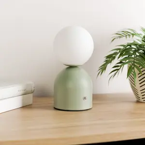 ValueLights Marlow Rechargeable Touch Button Table Lamp with Opal Globe Lampshade - Sage Green