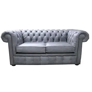 Chesterfield Original 2 Seater Settee Sofa Cracked Wax Ash Grey Real Leather