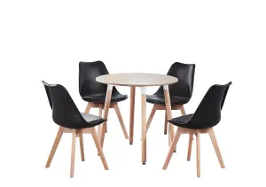 5PCs Dining Set - an Oak Round Dining Table & Set of 4 Black Lorenzo Tulip chairs with Padded Seat