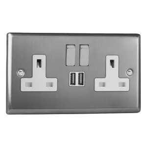 Varilight 2-Gang 13A Single Pole Switched Socket + 2x5V DC 2100mA USB Charging Ports  Brushed Steel