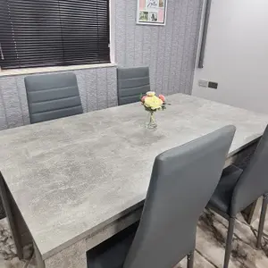 Dining Table and 4 Chairs Stone Grey Effect Wood Table 4 Grey Leather Chairs Dining Room