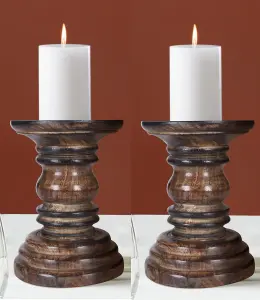 SET OF 2 Rustic Antique Carved Wooden Pillar Church Candle Holder, Light Brown,Medium 19cm