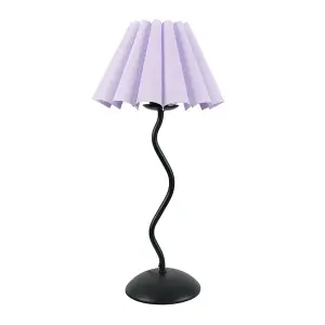 ValueLights Wiggle Black Metal Single Stem Table Lamp with Lilac Scallop Tapered Lamp Shade and LED Bulb