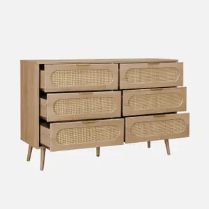 sweeek. Wood and rounded cane chest of drawers 6 drawers Eva Natural 120x39x79 cm