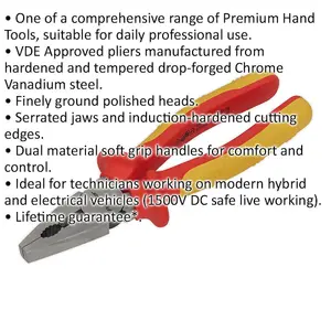 200mm Combination Pliers - Serrated Jaws - Hardened Cutting Edges - VDE Approved