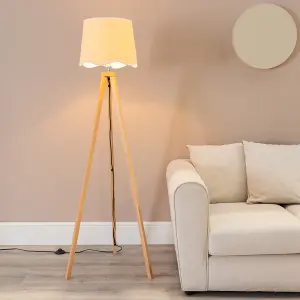 ValueLights Barbro Light Wood Tripod Floor Lamp with Natural Linen Scallop White Edge Shade and LED Bulb