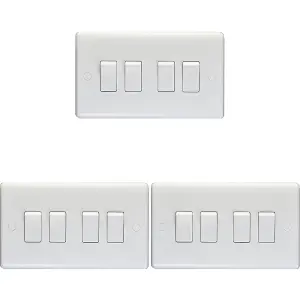 3 PACK 4 Gang Quad 10A Light Switch 2 Way - WHITE PLASTIC Wall Plate Rocker