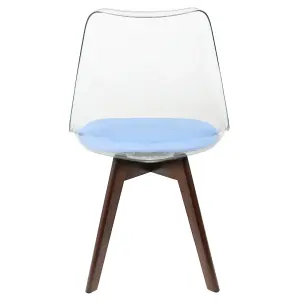 Soho Clear and Blue Plastic Dining Chair with Squared Dark Wood Legs