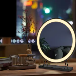 EMKE LED Hollywood Vanity Mirror 400mm Round Makeup Mirror Dressing Table with Dimmable and 3 Colors, Black