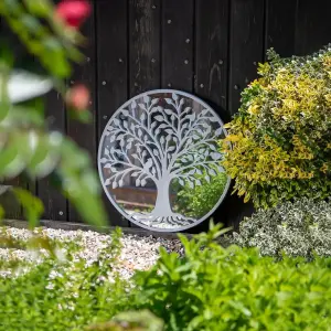 Tree of Life Outdoor Garden Wall Mirror - Grey Distressed Decor with Robin Birds Makes a Great Memorial