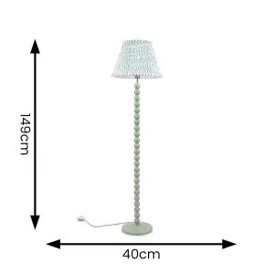 ValueLights Bobbles Sage Green Bobbin Floor Lamp with Green Arrow Pleated Shade - LED Bulb Included