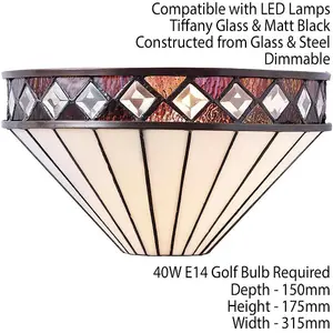 Tiffany Glass Wall Light Rich Cream & Diamond Trim Shade Interior Sconce i00247