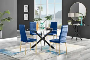 Furniturebox UK Novara Black Leg 120cm Round Glass Dining Table & 4 Navy Velvet Milan Gold Leg Chairs