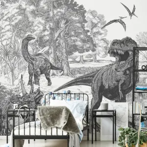 Art for the Home Black & white Sketched dinosaur Matt Mural